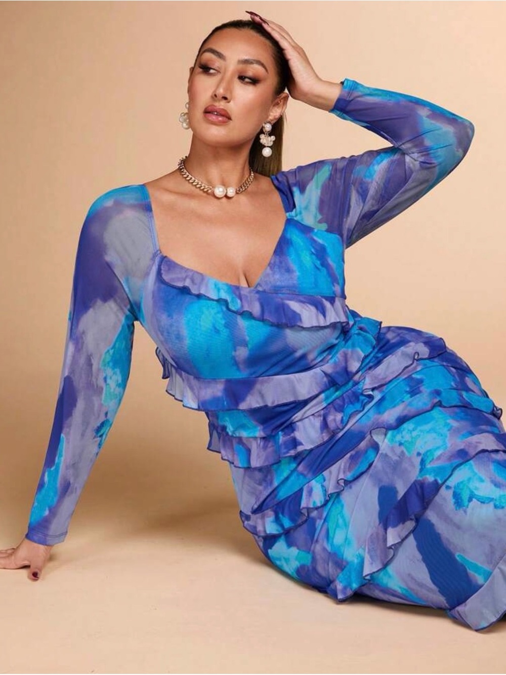 Blue Tie-Dye Ruffle Bodycon Dress - Women